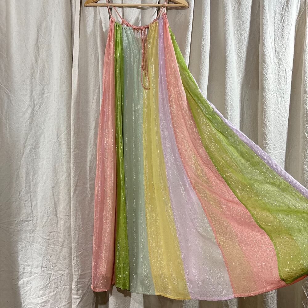 Sundress Paris Pastel Rainbow Metallic Maxi Dress Resortwear Fairy Ethereal XS/S